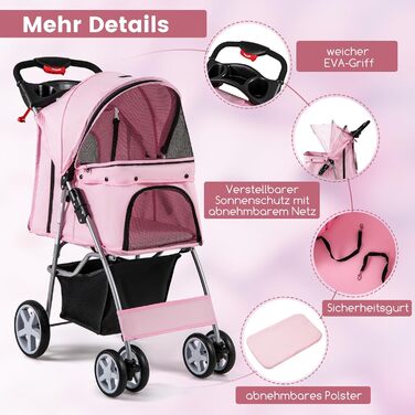 Візок для собак та котів COSTWAY, до 15 кг, рожевий, з сітчастими віконцями, тримачем для напоїв, кошиком та сонцезахистом