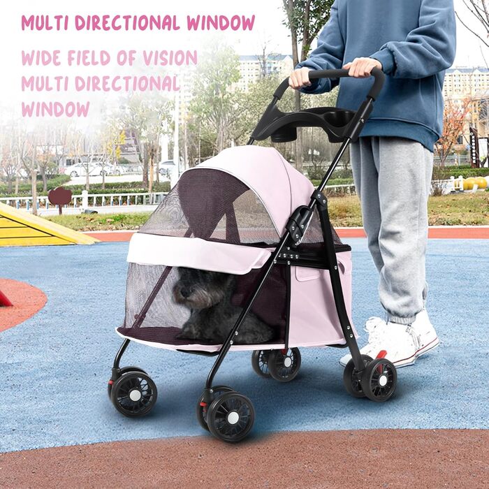 Дитяча коляска для домашніх тварин на 4 колесах для собак та котів, складана, з тримачем для напоїв, дихаючим сітковим вікном, портативна переноска для тварин (Рожева)