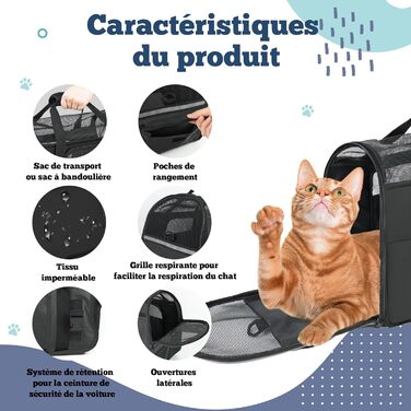 Транспортна сумка для котів та собак, дихаюча та складна, переноска для котів з регульованим плечовим ременем, знімний плюшевий килимок (Чорний, M)