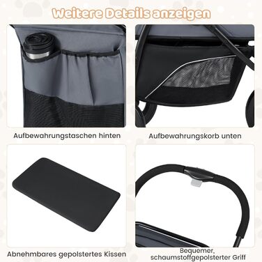 Візок для тварин Costway, розкладний, до 25 кг, для собак та котів, 3 колеса, регульований дах, сітчасте вікно, кошик та подушка, сірий