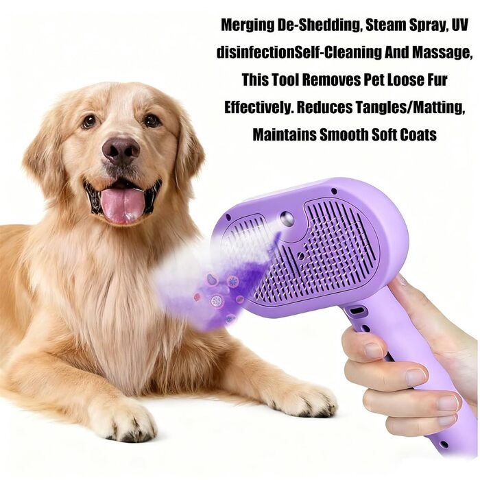 Парова щітка для собак 2025, 4-в-1: щітка-універсал для собак з розпилювачем та УФ-дезінфекцією. Легко видаляє відмерле волосся та бруд під час масажу. (Біла)