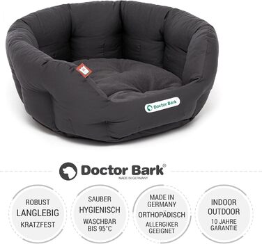 Ортопедичне кругле ліжко для великих собак Doctor Bark з м'яким бортиком, двосторонньою подушкою та іграшкою, сіра, розмір L 60x50 см, пране до 95°C, Німеччина