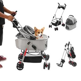 Візок для собак та котів, складний, до 12 кг, з кошиком та страхувальним тросом, сірий