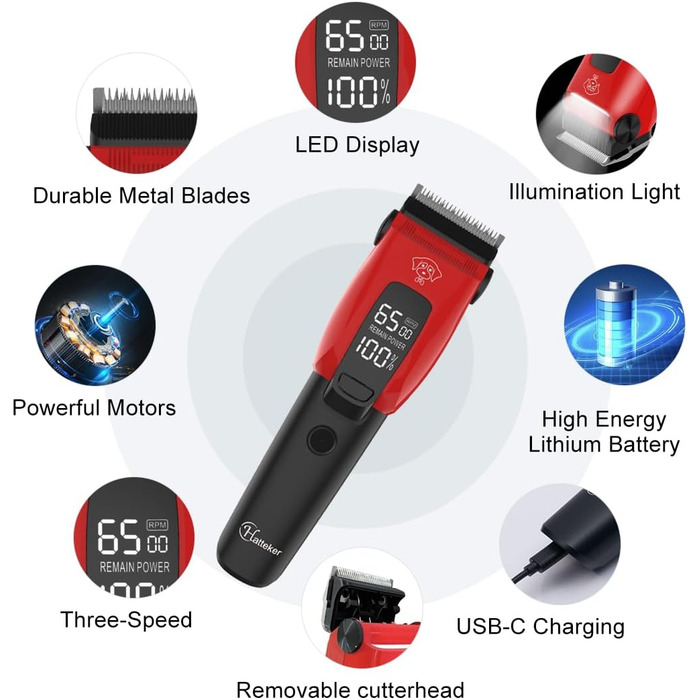 Професійна машинка для стрижки собак Hatteker: електрична, бездротова, з підсвічуванням, 7500 RPM