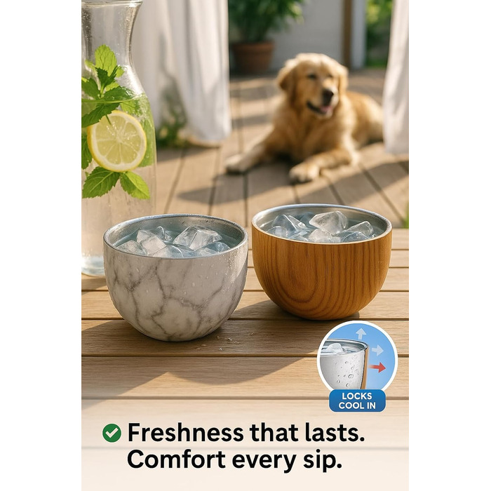 Німецький миска для собак Flamingo з нержавіючої сталі, 700 мл, Ø15,5 см, з подвійними стінками для тривалої свіжості, з антиковзким покриттям, придатна для миття в посудомийній машині, дерев'яна підставка Oase