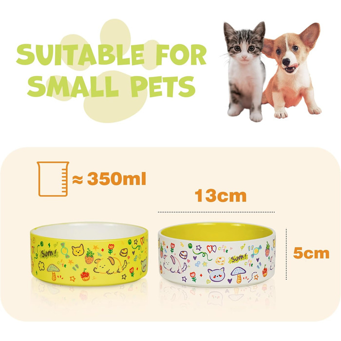 Набір мисок для собак та котів YOBRO (2 шт.), жовто-білі, 482 мл, 13 см, антиковзні, для води та корму