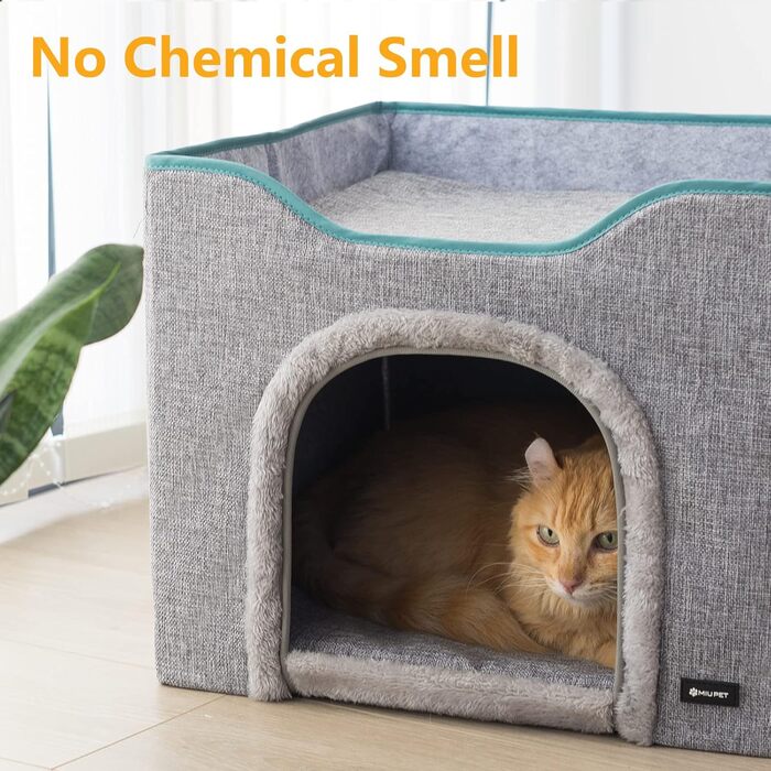 MIU PET Великий складаний 2-в-1 будинок для котів для дому, оновлений котячий будинок і лежак, 2 двосторонні подушки та літній матрац, для всіх сезонів, укриття для котів із кігтеточкою