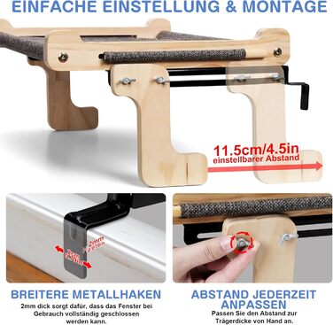 Котів гамак для вікна, лежанка для котів, міцна велика гамак для котів, дерев'яне ліжко для котів на вікно зі знімним товстим чохлом, зручне ліжко для котів на підвіконня, економне місце до 30 кг, чорний