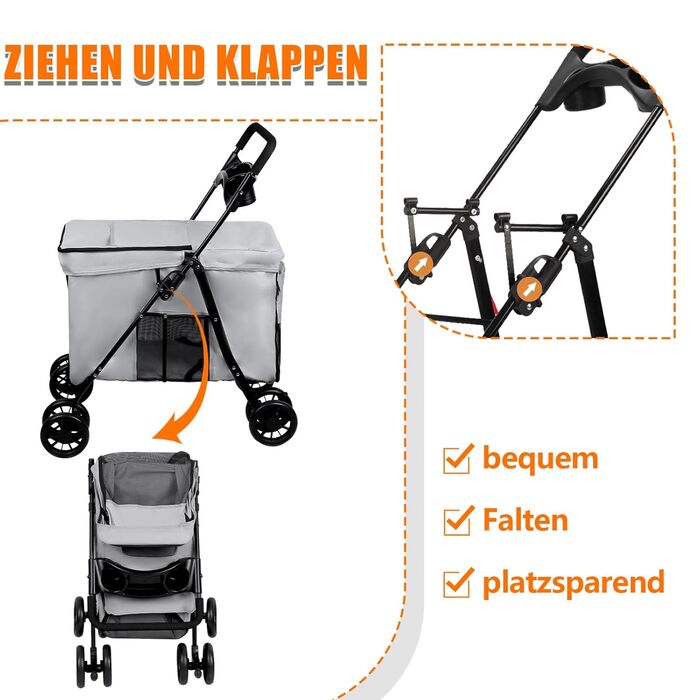 Візок для собак Homewell, візок-бігун для котів/маленьких собак, візок для домашніх тварин з 2 вікнами на блискавці, тримач для напоїв, до 20 кг (Сірий)