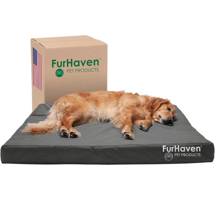 Лягу для собак Furhaven XL з піною-пам'яттю, вологостійкий, для дому та вулиці, з принтом логотипу, матеріал: оксфордський поліканвас, розмір: 102 x 81 x 10 см, сірий колір, великий (X-Large)