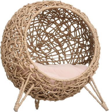 Будиночок для кота PawHut з ротангу з подушкою, лежанка для котів, котяча печера з піднятими ніжками, Ø52 x 58 см (натуральне дерево)