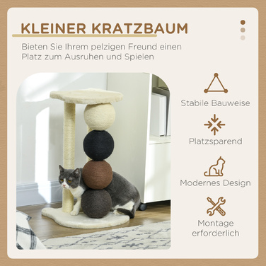 PawHut Cat Tree з великими сизалевими кулями Ø15 см, Stable Cat Tree до 30 кг, платформа бежева, 38 x 38 x 64 см