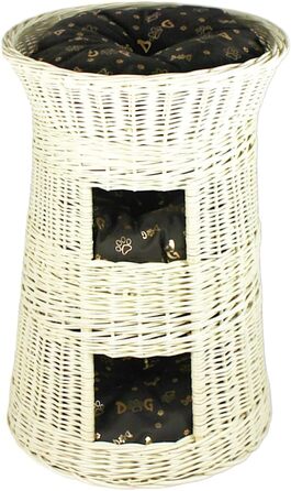 Кігтеточка-ліжко для котів: кругла хатинка з ротангу, триповерхове ліжко для собак та котів, колір білий (з коричневими та золотими подушками)