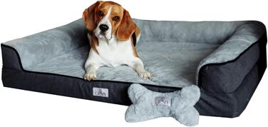 Ортопедичне ліжко для собак XL, собача кушетка з високим бортиком, зручне ліжко для великих собак, собаче ліжко-софа, бавовняний льон та штучне хутро (Сірий, XL(106*80*20см))