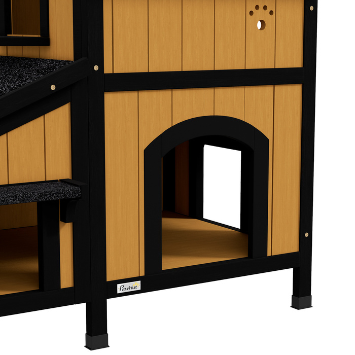 PawHut Cat House, Ялинове дерево, Котячий будинок з кількома входами, 2 поверхи, Котяча печера для вулиці, Невеликий будинок для тварин з асфальтовим дахом, Коробка для квітів, Зимостійкий, Рельєфний дизайн, Жовтий, 96 x 65 x 85,5 см | Аосом