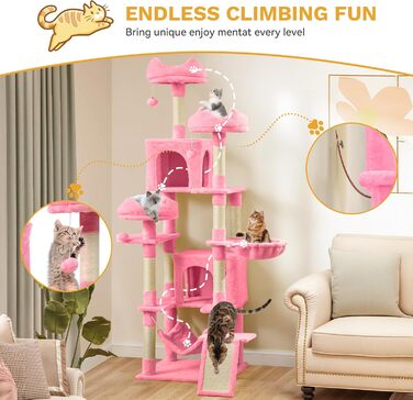 Кігтеточка YITAHOME для котів, велика, 190 см, з 8 стовпів з сизалю, 3 платформи, 2 печери, кошик, гамак, м'ячики, дошка для шліфування кігтів, рожева