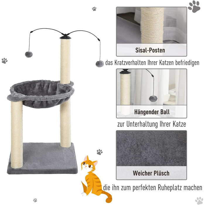 Дерево для котів PawHut з гамаком, когтеточкою та іграшкою, сірого кольору, 40x40x72 см