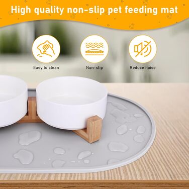 Набір мисок для котів 2 шт. з кераміки з підставкою з бамбука та силіконовим килимком - 2 x 400 мл