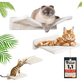 Meoville® настінний комплекс для котів XXL, 4 предмети, масив дерева, суперміцний: гамак, лежак, 2 сходинки, настінний драпак, бежева стінка для котів