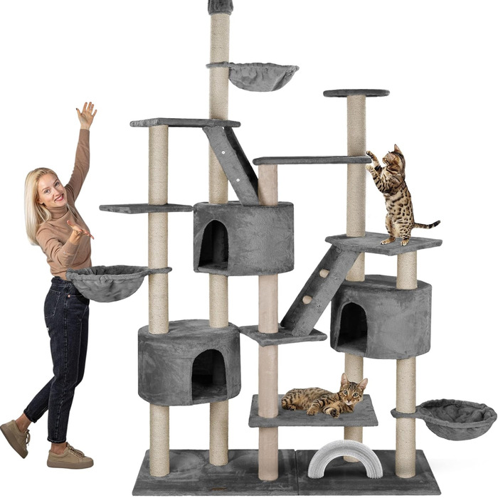 Дряпак для котів HAPPYPET Simba XXL до стелі 260 см, сірий, з будиночками, сходами, лежанками, 9 см стовпи, стабільний, багато аксесуарів