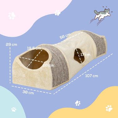 PawHut Cat Tunnel Play Tunnel Ігровий тунель з 2 будиночками, 3 отворами, складаний тунель для домашніх тварин до 6 кг, закритий, бежевий | Аосом