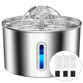 Фонтан-поїлка для котів із нержавіючої сталі, 2.2 л, безшумний з LED-підсвіткою та системою 4-рівневої фільтрації (3 вугільних фільтри та 3 губки)