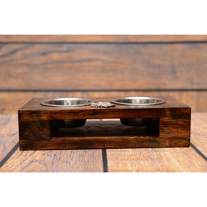 Дерев'яна підставка з мисками для собак, сталеві миски, ручна робота — Німецький дог