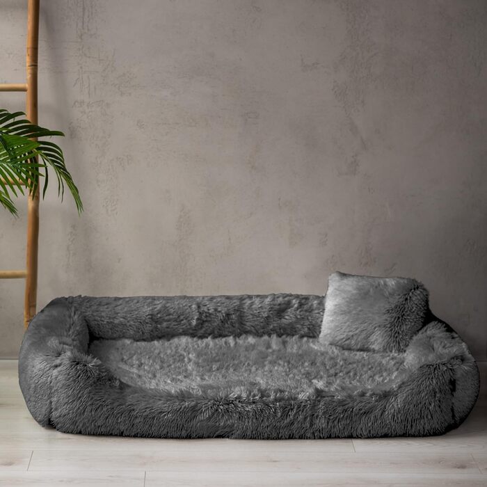 Ортопедичне ліжко для собак Tierlando® Pedro Shaggy з м'яким штучним хутром, знімним ортопедичним матрацом, розмір 160x110 см, колір: графіт