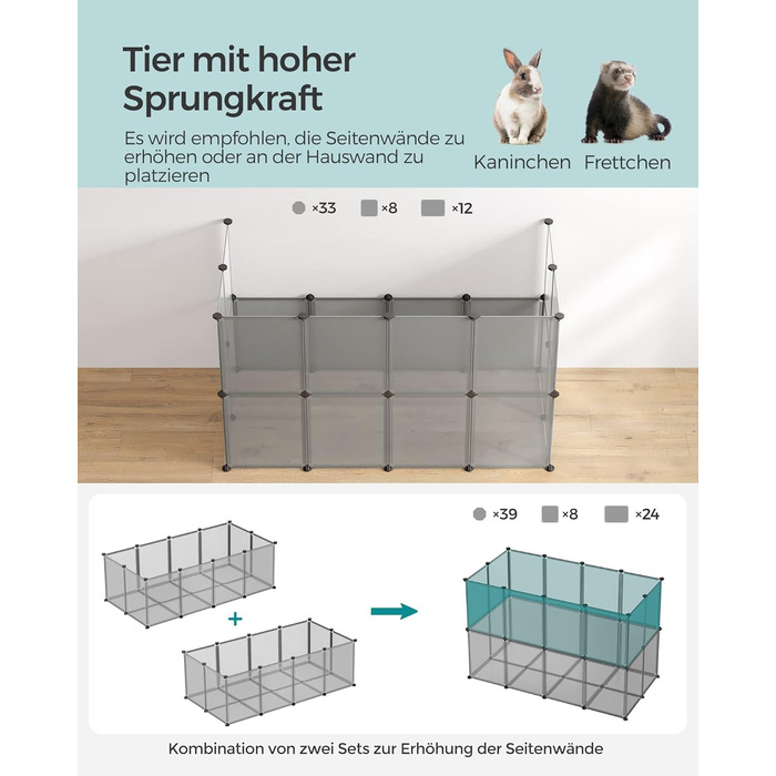 Клітка для тварин SONGMICS з піддоном, для морських свинок, хом'яків, кроликів, їжаків, 143 x 73 x 46 см, сіра