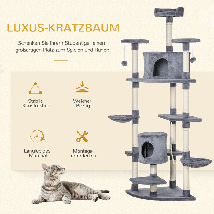 PawHut Cat Tree Велике 200 см XXL Котяче дерево з котячими печерами Гамаки для великих кішок у світло-сірому кольорі
