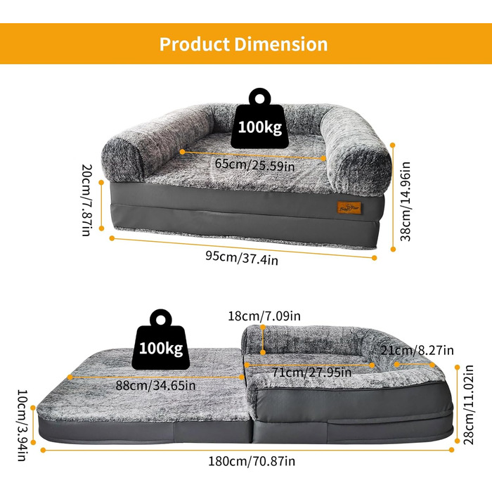 Ортопедичне собаче ліжко BingoPaw для собак та людей: XXXL, 180x96x10 см, сіре, знімний чохол з PV-велюру, PU-шкіра