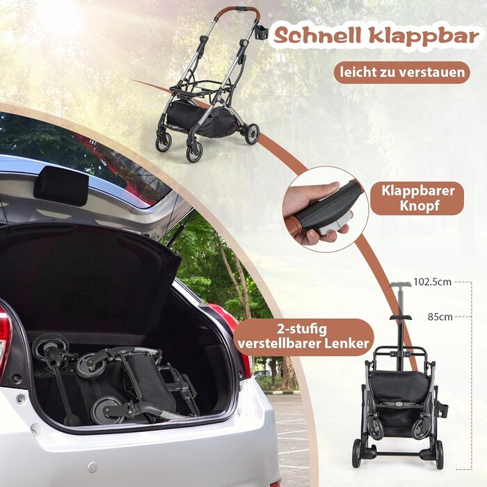 Візок для собак та котів COSTWAY 3 в 1, сірий: складна конструкція, до 15 кг, з кошиком, дощем, телескопічною ручкою та сіткою