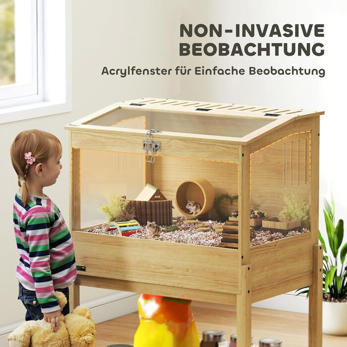 Клітка для хом'яків PawHut 2 поверхи, для дрібних тварин з відкидним дахом, 83,2 x 50 x 103 см, натуральне дерево