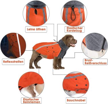 Зимова куртка для собак SlowTon з нашийником-гетром, світловідбиваючими смугами, регулюванням, водонепроникна, вітронепроникна, для цуценят, м'яка, червона, розмір L+