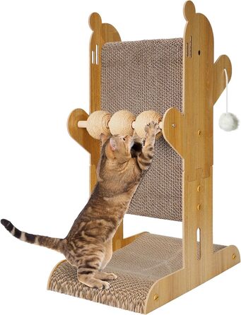 Кігтеточка YEMOO для котів, двостороння з картону, T-подібна, вертикальна, для захисту стін та диванів, з 3 сизалевих кульок та 2 плюшевих іграшок (Burlywood)