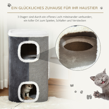 Кігтеточка PawHut Cat Tree з 3 ярусами, ДСП, оксамитовий поліестер, сизаль, сірий+білий, 40x40x74см| Аосом