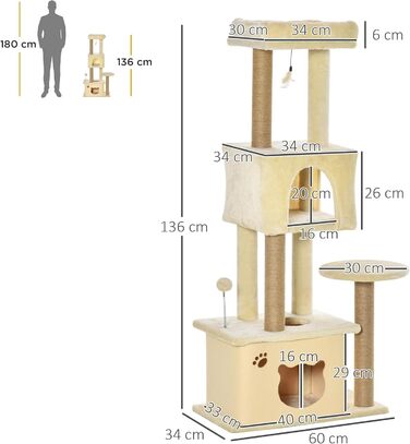 Велика дряпка для котів PawHut 60x34x136 см з платформами, знімними плюшевими будиночками, джутовими стовпчиками та підвісним м’ячиком, бежева