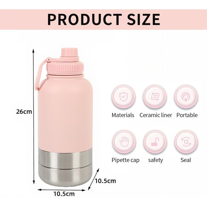 Миска-поїльник для собак 3-в-1 950 мл, рожева. Термопоїльник з мисками для їжі та води. Ідеально для подорожей та прогулянок.