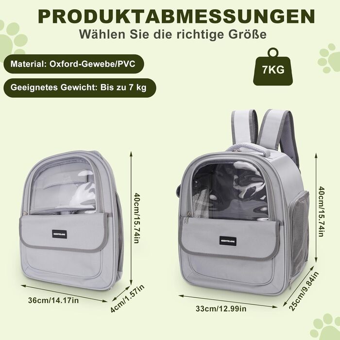 Рюкзак для кота/собаки до 7 кг, дихаючий, з сіткою та страхувальним ремінцем – водовідштовхувальне оксфордське полотно, складаний, для подорожей, ветеринара (сірий)