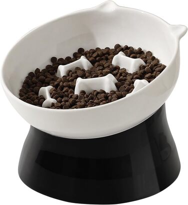 Антислизька годівниця для котів з кераміки, піднята - годівниця-лабіринт для повільного годування, нахилена проти блювоти, чорно-біла