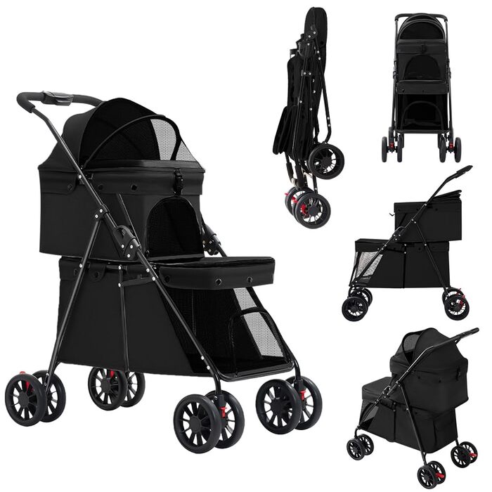 Дитяча коляска 3 в 1 для собак та котів, складні, з 4 EVA-колесами, ручка, 3 вікна з сітки, тримач для напоїв, для маленьких та літніх собак, тролей для людей з обмеженими можливостями (67 x 50 x 95 см, Чорний)