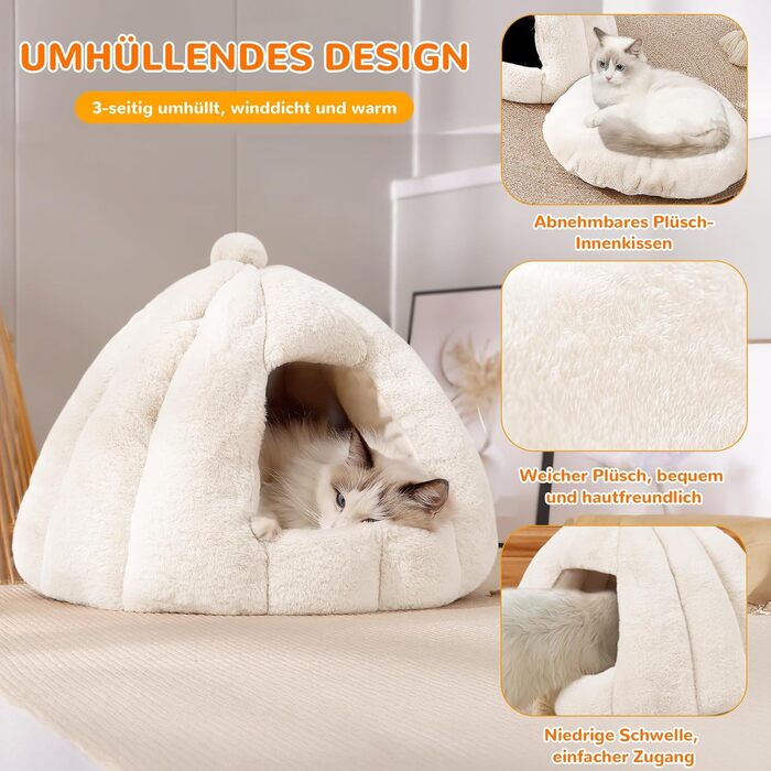 Кішка/Песик Іглу Будинок-Гніздо ALLSOPETS з Знімним Матрацом, Теплий та М'який Дім для Собак та Кішок (Сніжно-Білий, L)