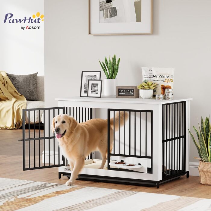 Кія для собак PawHut - переносна будка для собак, біла, 95 x 60 x 68,5 см, з поворотними мисками