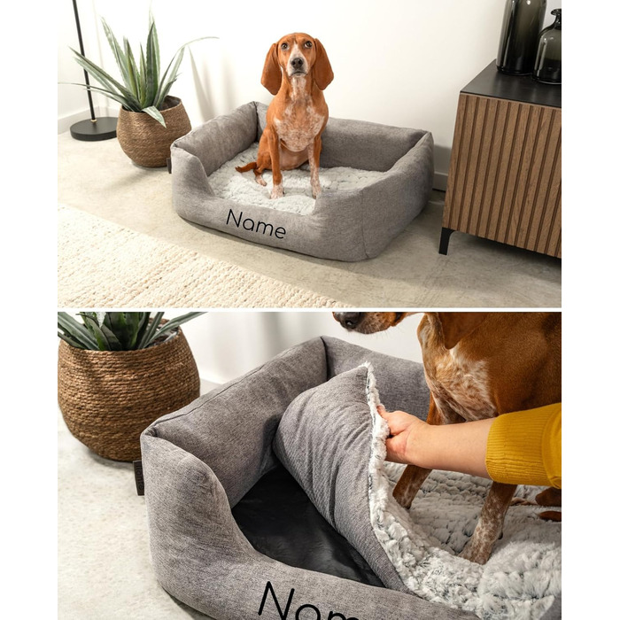 Клітинка для собак Lionto з м'яким двостороннім подушкою, затишне ліжко для домашніх тварин з меланжевим дизайном з глибоким входом для собак та котів усіх розмірів, 80x60 см, м'яке ліжко для собак, сірий (з нанесенням імені), сірий L 80 x W 60 x H 26 см 