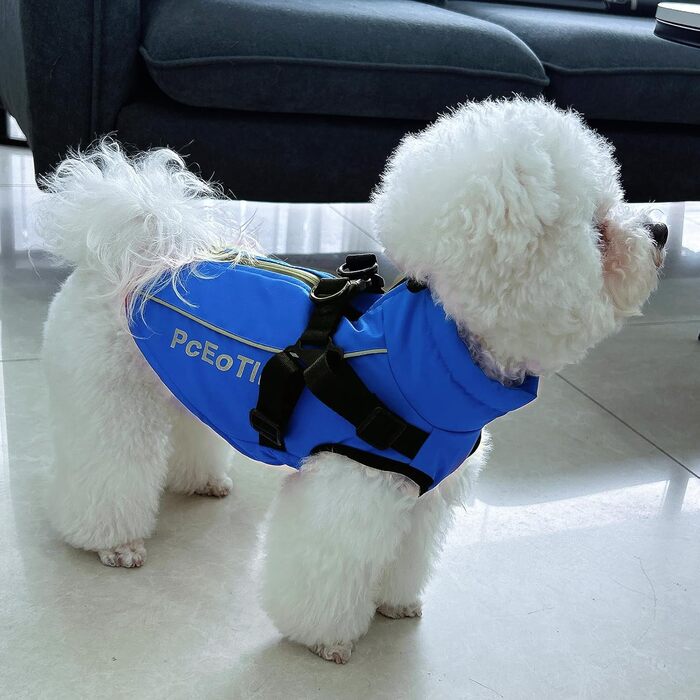 Водонепроникний собачий плащ PcEoTllar для маленьких собак, тепла куртка з шлейкою для зими, костюм для катання на лижах, бавовна, блакитний собачий пуловер L