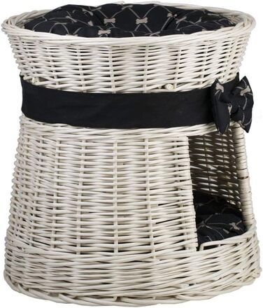Кругла котяча хатинка e-wicker24 з плетеної лози, двоярусна, з подушкою та стрічкою, котячий будиночок (кремовий/чорний)