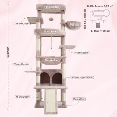 Дряпак для котів Heybly HCT038W (коричнево-бежевий): великий, 202 см, з платформами, печерею, гамаком та сизалевим стовпом