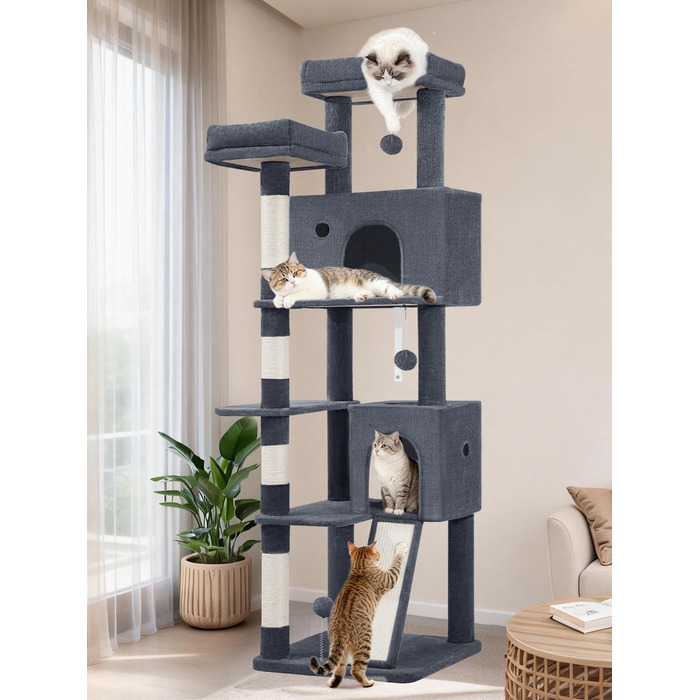 Котячий будиночок Kratzbaum 178 см: стабільний, з дряпальними стовпцями, лежаками та платформами, сірий