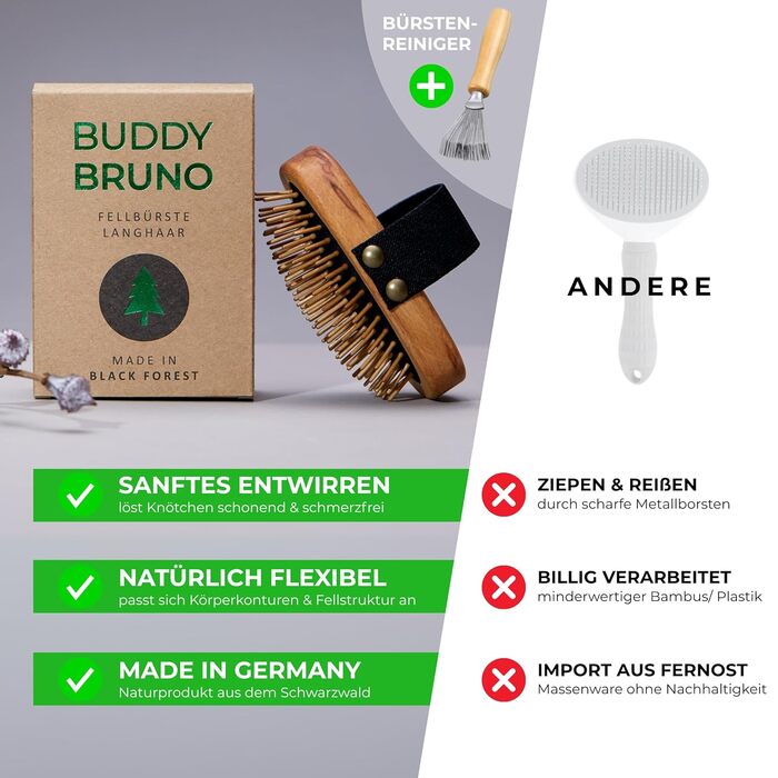 Щітка для собак з довгою шерстю - 100% натуральна щетина, Made in Germany. М'яка щітка для видалення підшерстка, розплутування та вирівнювання без вискубування. Змащений дерев'яний грифель FSC® + додатковий засіб для чищення щітки