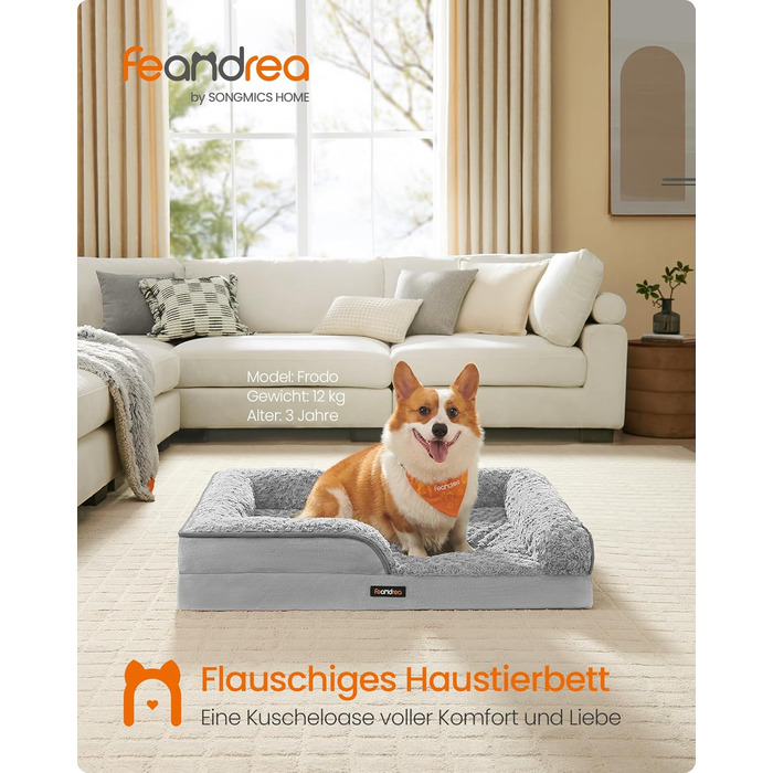 Ортопедичне ліжко для собак Feandrea, середнього розміру, водонепроникне, знімний плюшевий чохол, 91 x 68 x 16 см, сірий (PGW252G01 L)